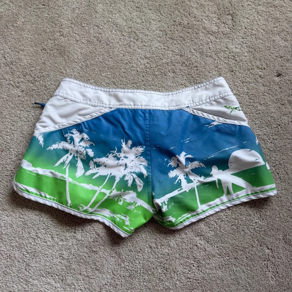 Y2K Raya Sun Women Blue Green Tropical Palm Tree Board Shorts Size S